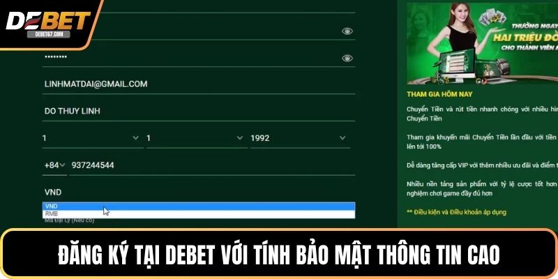 Đăng ký tại DEBET với bảo mật thông tin cao